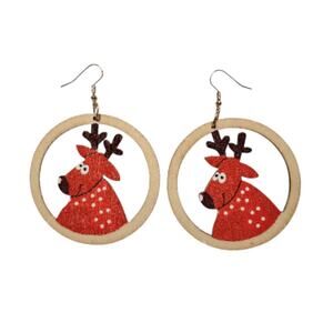 Round Wood Reindeer Christmas Earrings – Lightweight Holiday Jewelry 2.3" x 3.2"